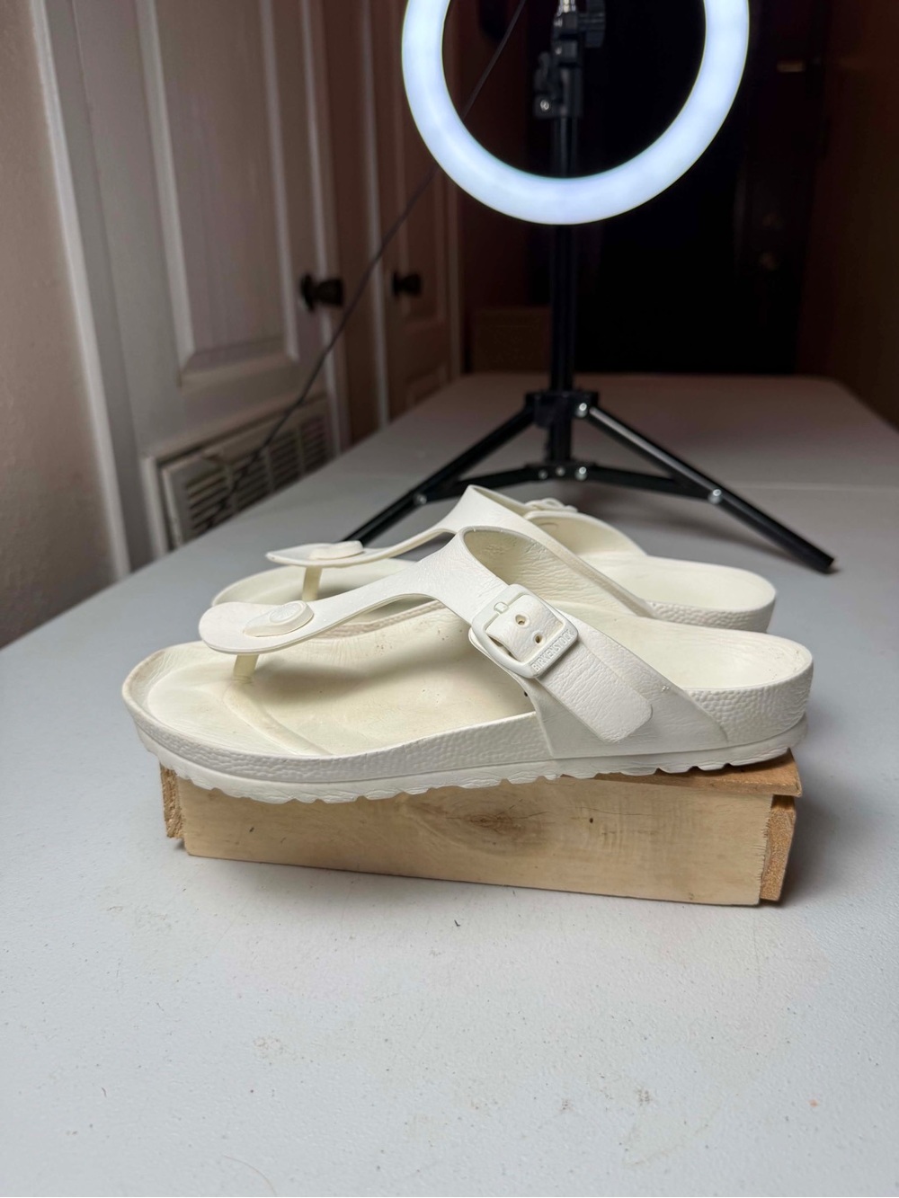 Birkenstock White EVA Thong Sandals with Adjustable Buckle - Picture 10 of 12